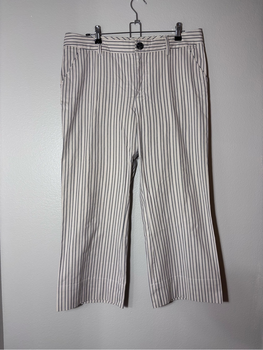 CAbi Cream Wide-Leg Trousers with Black Pinstripes